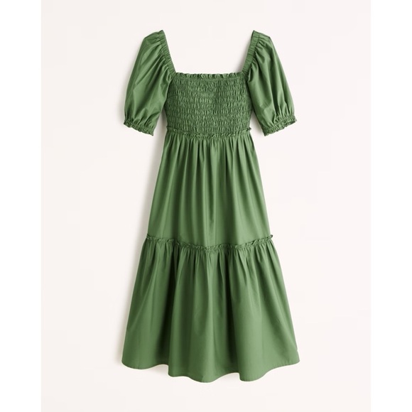Abercrombie & Fitch Puff Sleeve Smocked Bodice Midi Dress in Green Size S - Picture 1 of 10